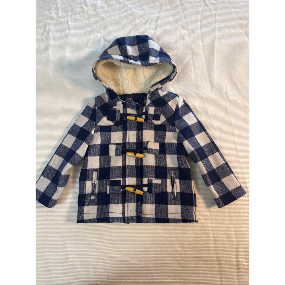 Country Road Toddler Wool Blend Duffle Coat Blue White Buffalo Check Hooded 2-3